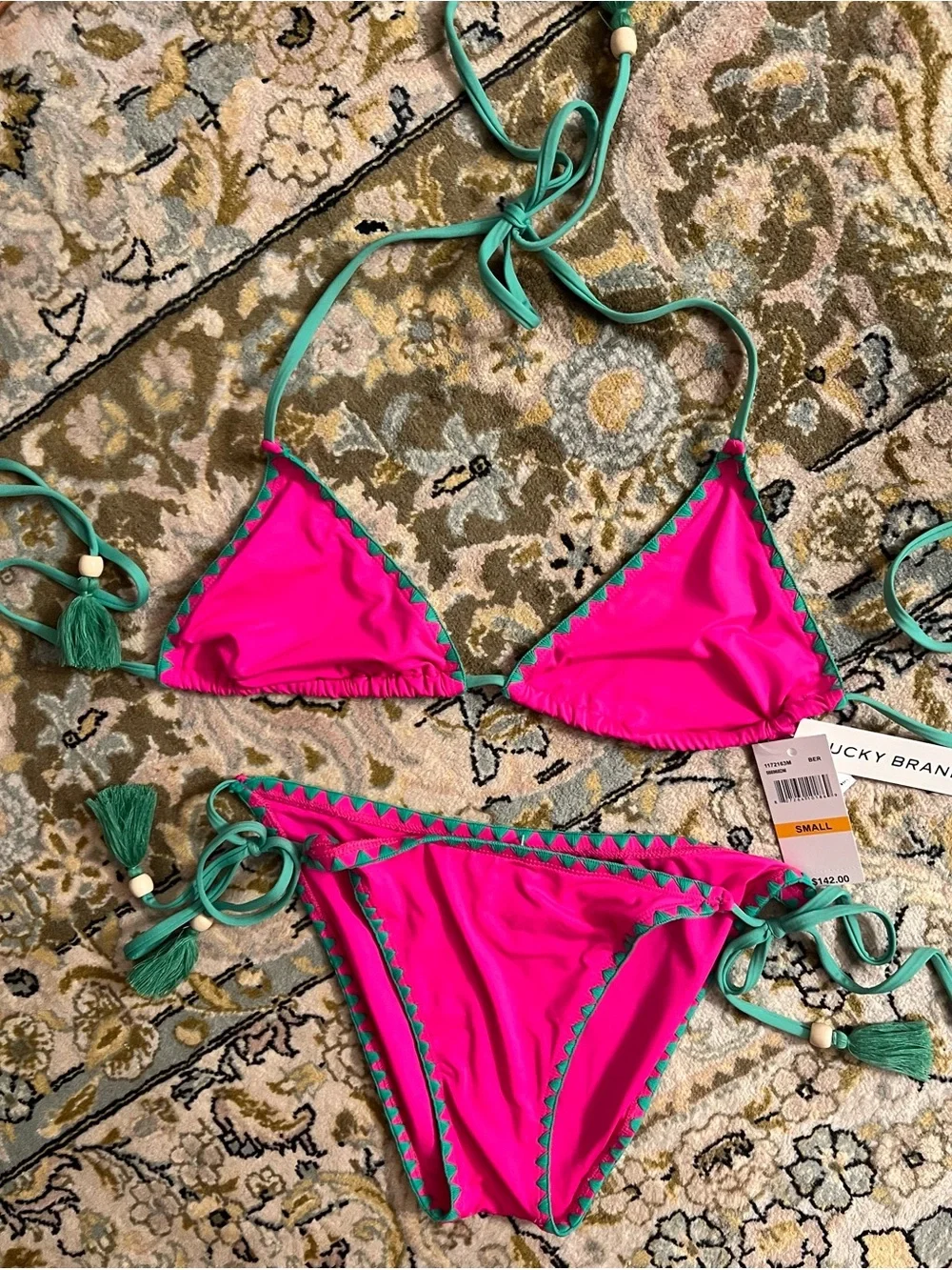 Lucky Brand avila hot Pink / green Two-Piece Bikini swimwear tassel new triangle